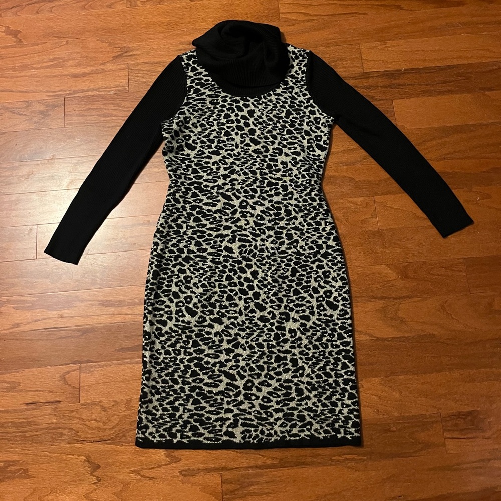 Calvin Klein Black and White Animal Print Long Sleeve Dress